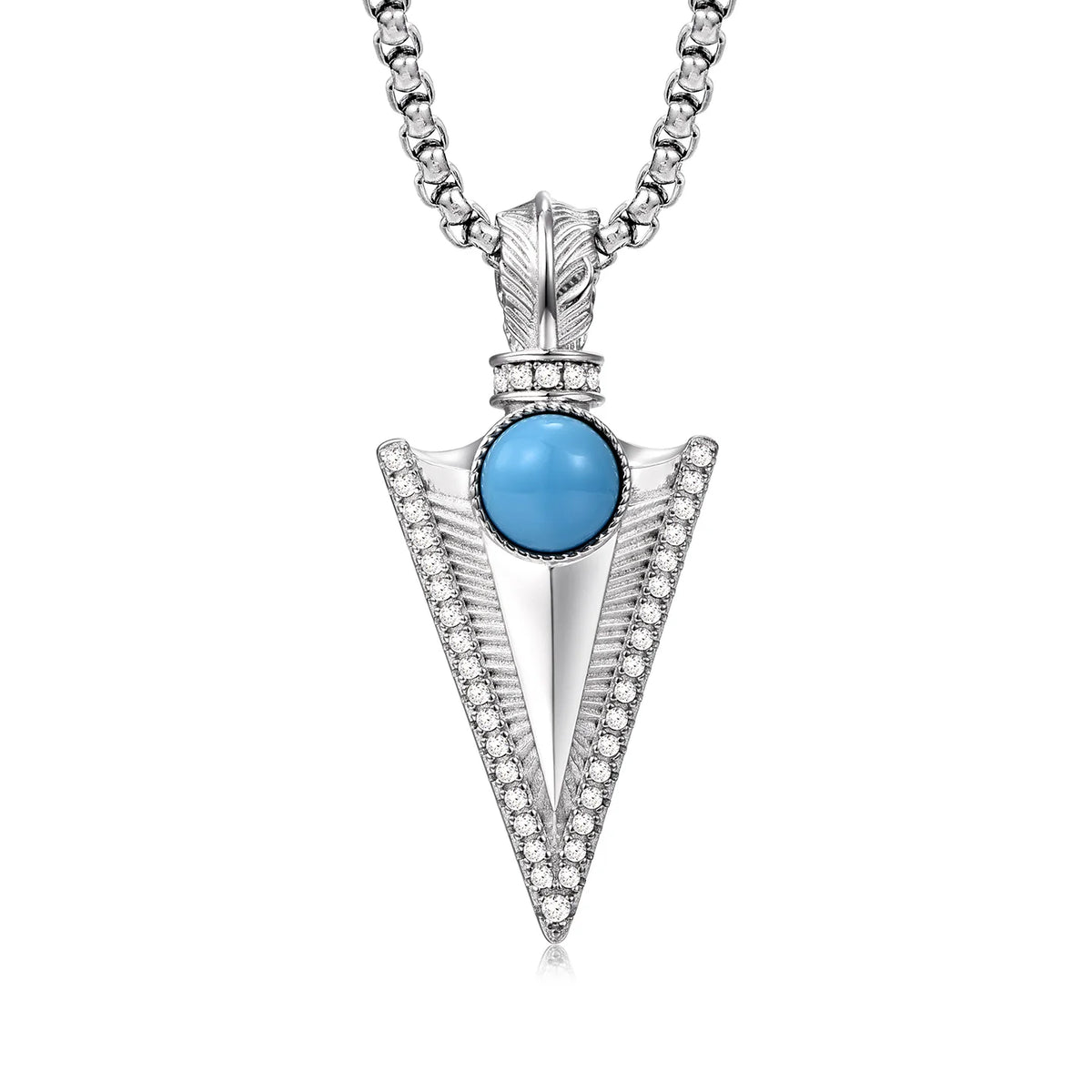 Sterling silver spear pendant front view with blue cabochon