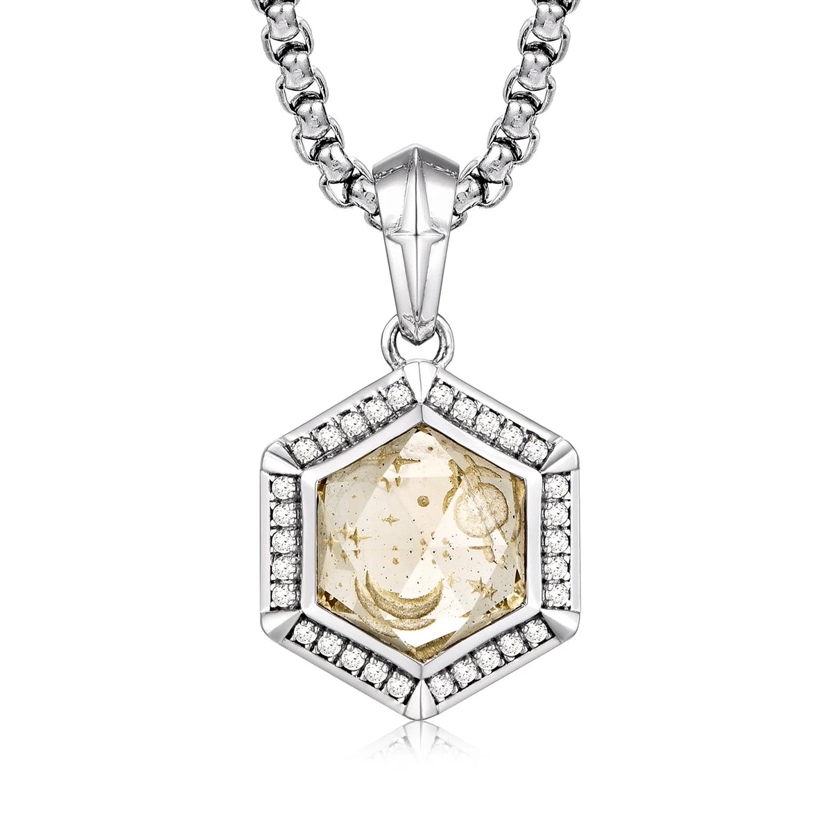 Sterling silver hexagon pendant with yellow citrine front view