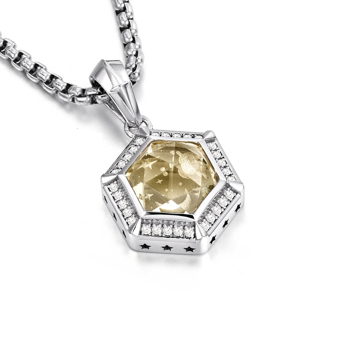 Yellow citrine pendant clear stone border close-up
