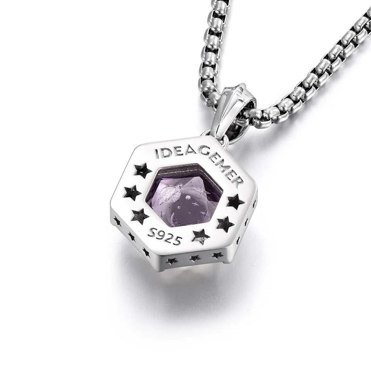 Purple amethyst hexagon pendant engraved reverse view
