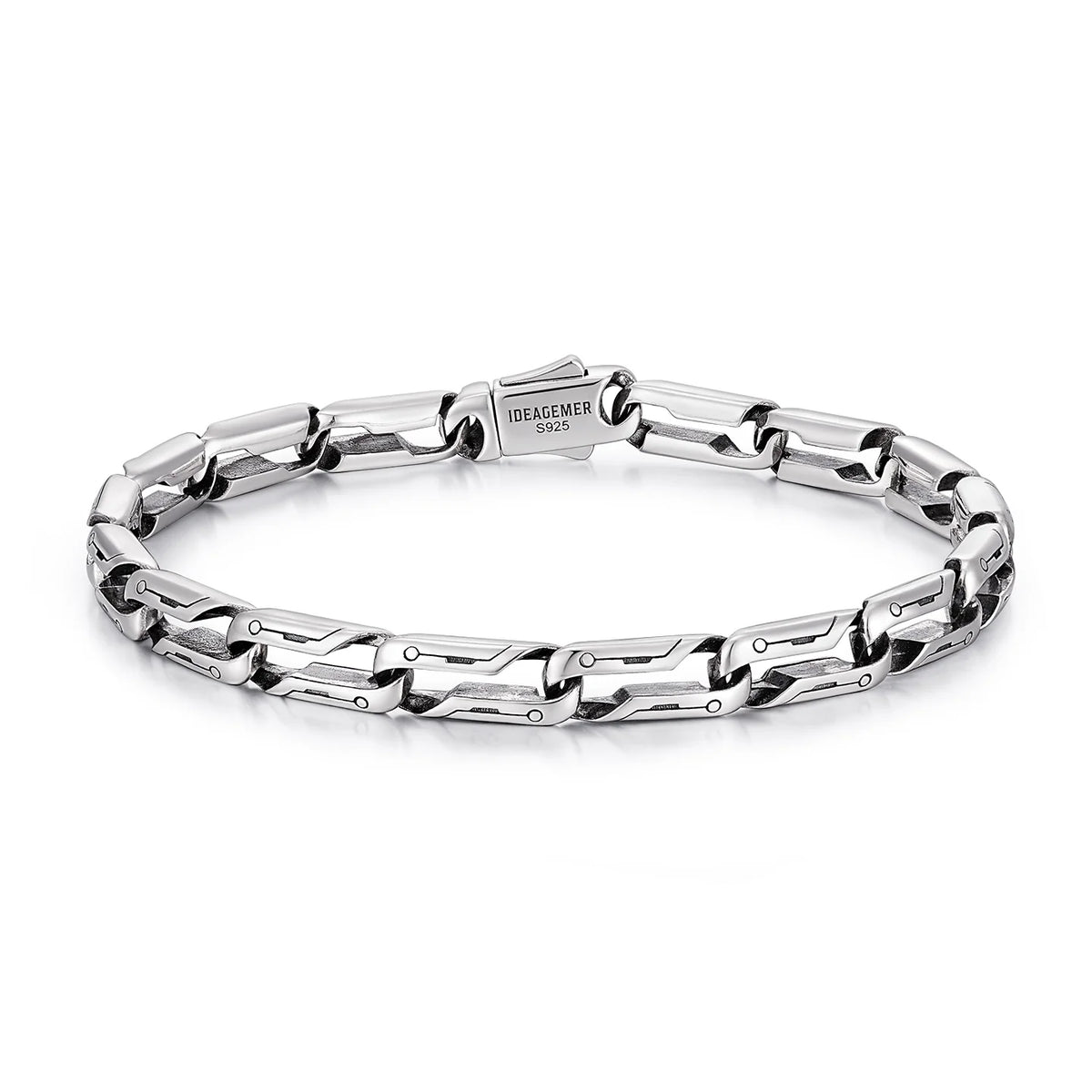 Polished and oxidized silver bracelet finish detail